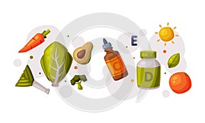 Healthy diet and sports objects set. Fresh organic food and supplements vector illustration