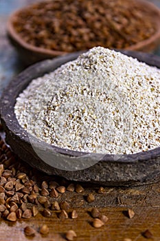 Healthy diet superfood buckwheat groats and flour used for making delicious pasta, noodles, pancaces and kasha in many countries