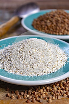 Healthy diet superfood buckwheat groats and flour used for making delicious pasta, noodles, pancaces and kasha in many countries