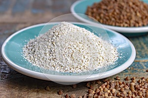 Healthy diet superfood buckwheat groats and flour used for making delicious pasta, noodles, pancaces and kasha in many countries