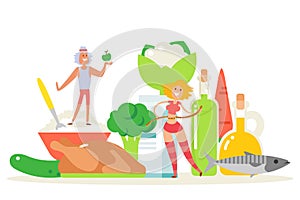 Healthy diet vector illustration with fitness lifestyle and health concept. Man and woman cartoon characters dieting on