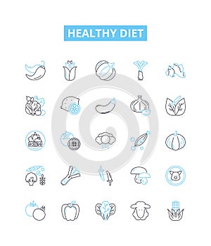 Healthy diet vector line icons set. Diet, Healthy, Nutrition, Fruits, Vegetables, Wholefoods, Lean illustration outline