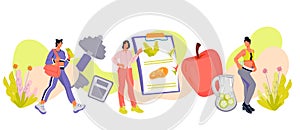 Healthy diet and weight loss banner with female characters, flat vector isolated