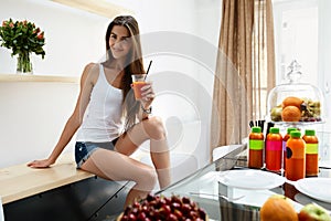 Healthy Diet. Woman Drinking Fresh Juice. Weight Loss Nutrition