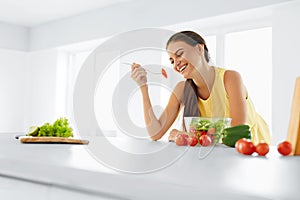 Healthy Diet. Woman Eating Vegetarian Salad. Healthy Eating, Foo