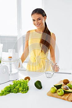 Healthy Diet. Woman Making Detox Smoothie Juice. Vegetarian Eating, Food