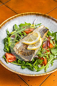 Healthy diner with sea bass fillet and vegetable salad, seabass fish. Orange background. Top view