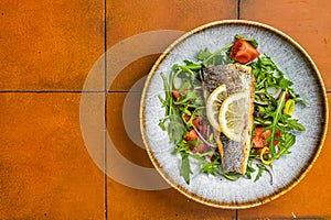 Healthy diner with sea bass fillet and vegetable salad, seabass fish. Orange background. Top view. Copy space