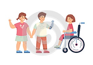 Healthy and disabled children socialising, cartoon vector illustration isolated.