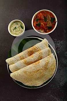 Healthy Dosa with sambar and chutney- Vegan  breakfast.