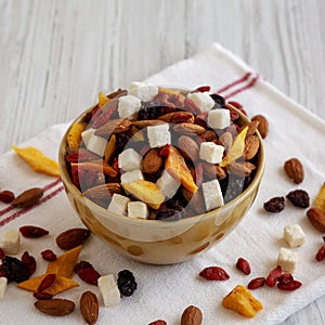 Healthy Dried Fruit and Nut Mix in a Bowl, side view
