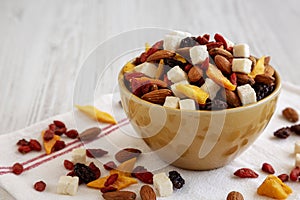 Healthy Dried Fruit and Nut Mix in a Bowl, side view. Close-up