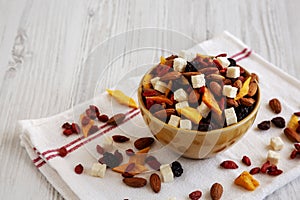 Healthy Dried Fruit and Nut Mix in a Bowl, side view. Copy space