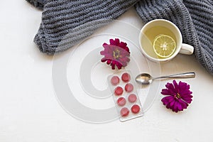 Healthy drinks hot honey lemon with knitting wool scarf