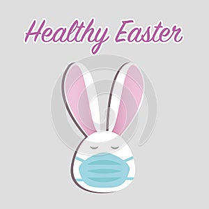 Healthy Easter concept. Cute Easter bunny in face mask on grey background with text. Stay home stay safe. Vector in flat style.
