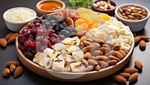 Healthy eating almond, cashew, hazelnut, walnut, pecan, peanut, apricot, cranberry, grape, seed generated by AI