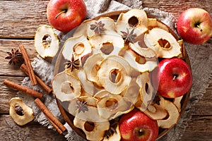 Healthy eating apple chips with cinnamon and star anise closeup on a plate. Horizontal top view