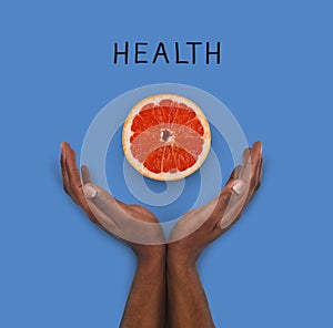 Healthy eating background with black man hands