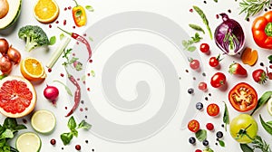 A healthy eating background. Food photography different fruits and vegetables isolated on a white background. Copy space