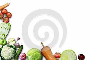 Healthy eating background. Food photography different fruits and vegetables white background. Copy space. High resolution