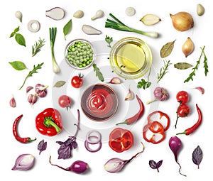 Healthy eating background / studio photography of different fruits and vegetables on white backdrop.