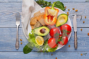 Healthy eating background, top view on white plate