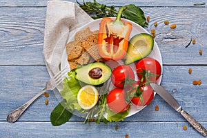 Healthy eating background, top view on white plate