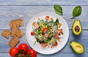 Healthy eating background, top view on white plate