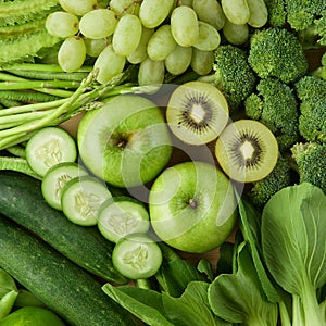 Healthy eating background. Various of green fruits and vegetable