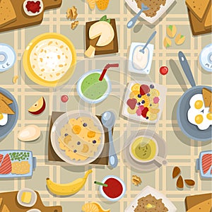 Healthy eating breakfast lunch meal concept with fresh salad bowls on kitchen wooden worktop top view vector seamless