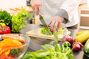 Healthy eating - chef cutting lettuce in kitchen