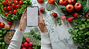Healthy Eating Concept: Female Hands Holding Smartphone Over Fresh Vegetables and Fruits