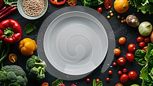 Healthy eating concept with fresh vegetables around a white plate on dark background. Ideal for diet and nutrition