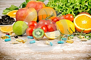 Healthy eating diet and healthy lifestyle with fresh organic fruit, vegetable and supplement