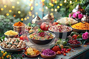 Healthy eating, dieting, vegetarian food concept. Assortment of different vegetables and fruits in bowls on table
