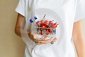 Healthy eating, dieting, vegetarian food and people concept- closeup of woman hand holding mini grocery cart with fresh cherry