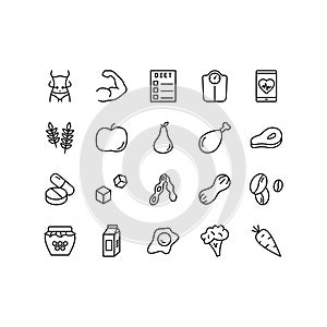 Healthy eating flat line icons set. Diet food - vegetables, fruits, cereals, dairy products. Simple flat vector illustration for