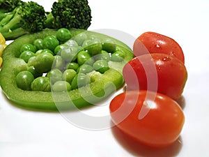 healthy eating food isolated, Grape tomatoes Broccoli Garden Pea Pisum sativum Bell pepper paprika