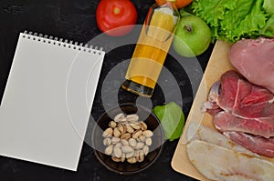 Healthy eating food low carb keto ketogenic diet meal plan protein fat. Fresh meat, fish, mushrooms, nuts. Calorie