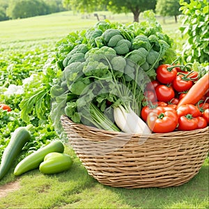 Healthy Eating Fresh Organic Vegetables in a Rustic Farm Basket, Generative Ai