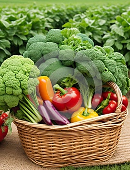 Healthy Eating Fresh Organic Vegetables in a Rustic Farm Basket, Generative Ai