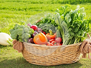 Healthy Eating Fresh Organic Vegetables in a Rustic Farm Basket, Generative Ai