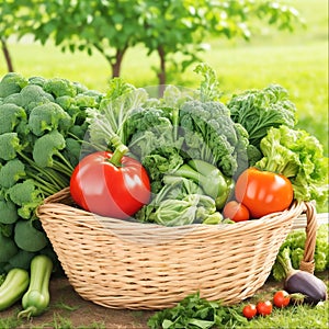 Healthy Eating Fresh Organic Vegetables in a Rustic Farm Basket, Generative Ai