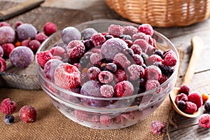 Healthy eating. Frozen berries in a bowl. Assorted berries. Vitamins. Vegetarian, vegan. Summer food. Useful, proper nutrition.