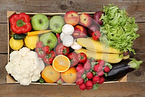 Healthy eating fruits and vegetables in box from above