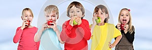 Healthy eating group of kids children apple fruit copyspace banner