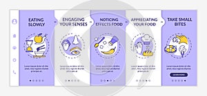 Healthy eating habits onboarding vector template. Engaging senses, appreciating food, taking small bites. Responsive