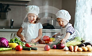 Healthy eating. Happy children prepares vegetable salad in kitc