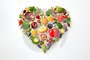 Healthy eating illustration. Fruits and vegetables forming heart on a white background