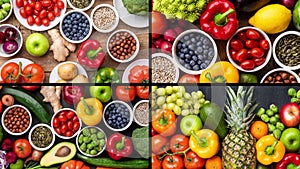 Healthy eating ingredients: fresh vegetables, fruits and superfood. The concept of nutrition, diet, vegan food. Concrete